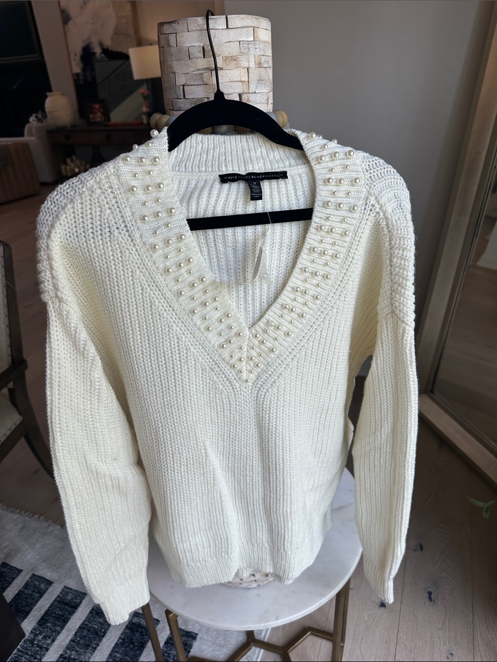 White House Black Market Cream V-Neck Pearl-Trim Sweater